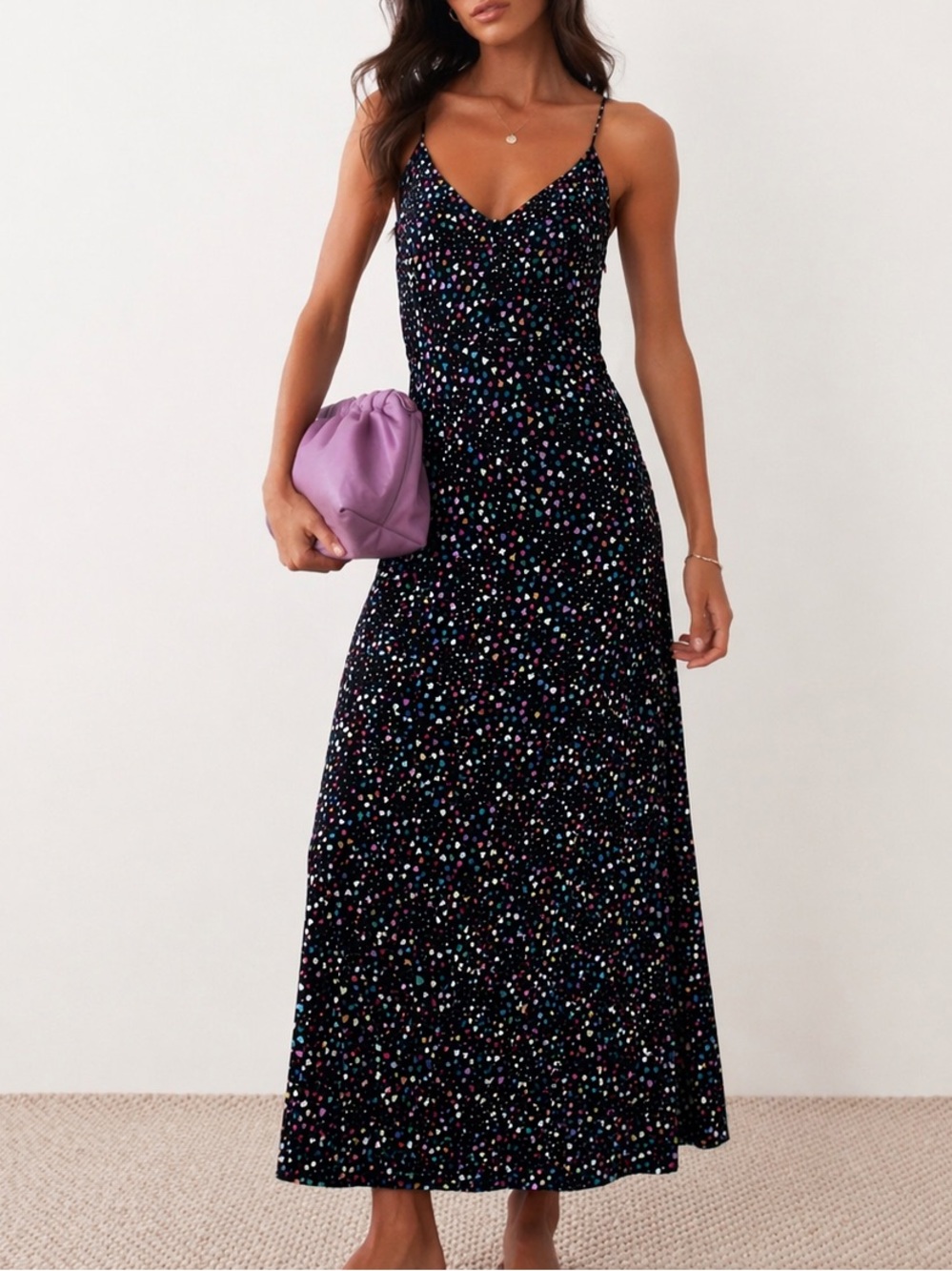 AFRM Women’s Black Spaghetti-Strap Midi Dress with Multicolor Heart Print